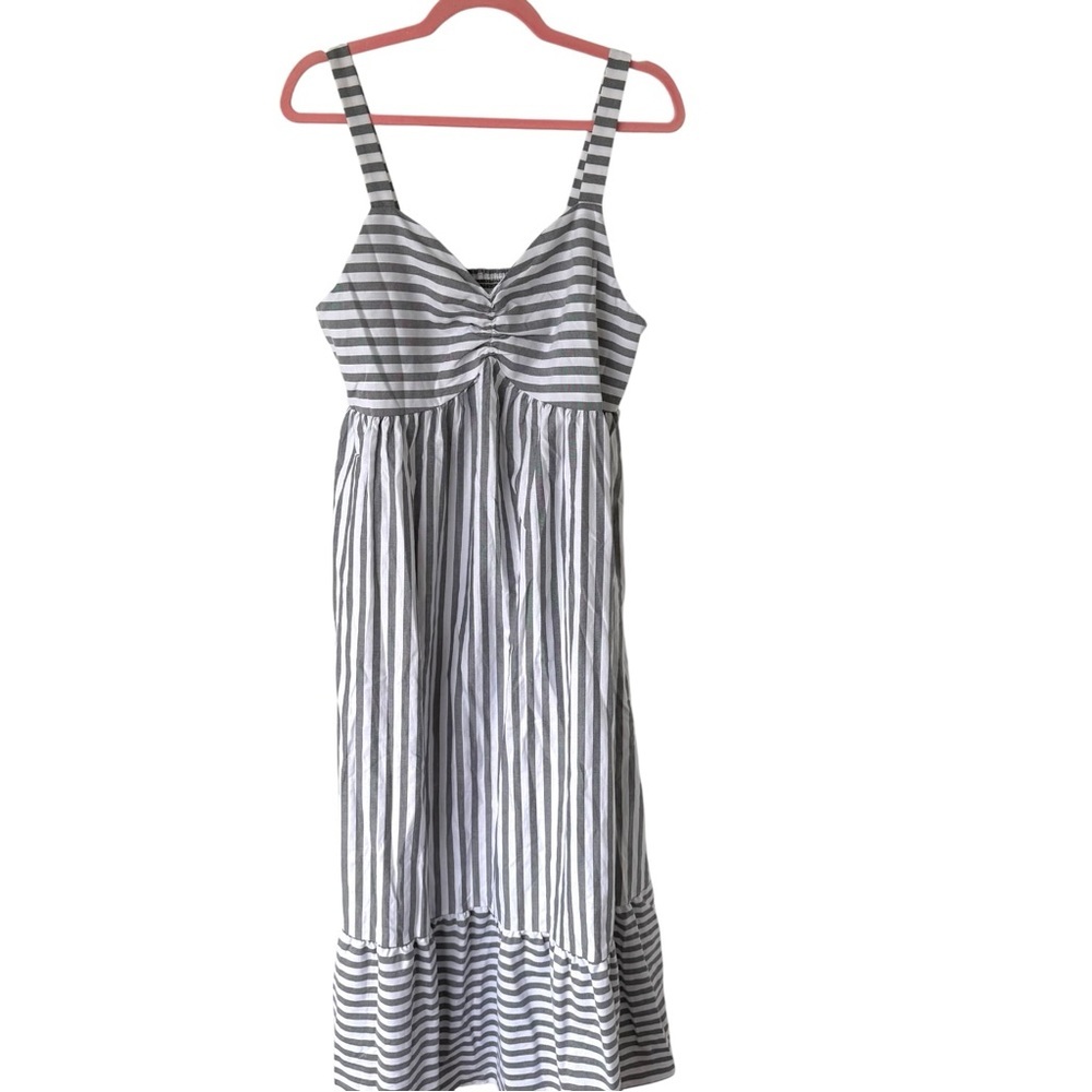 Gray White Striped Maxi Dress XL Smocked Back Ruched Bust